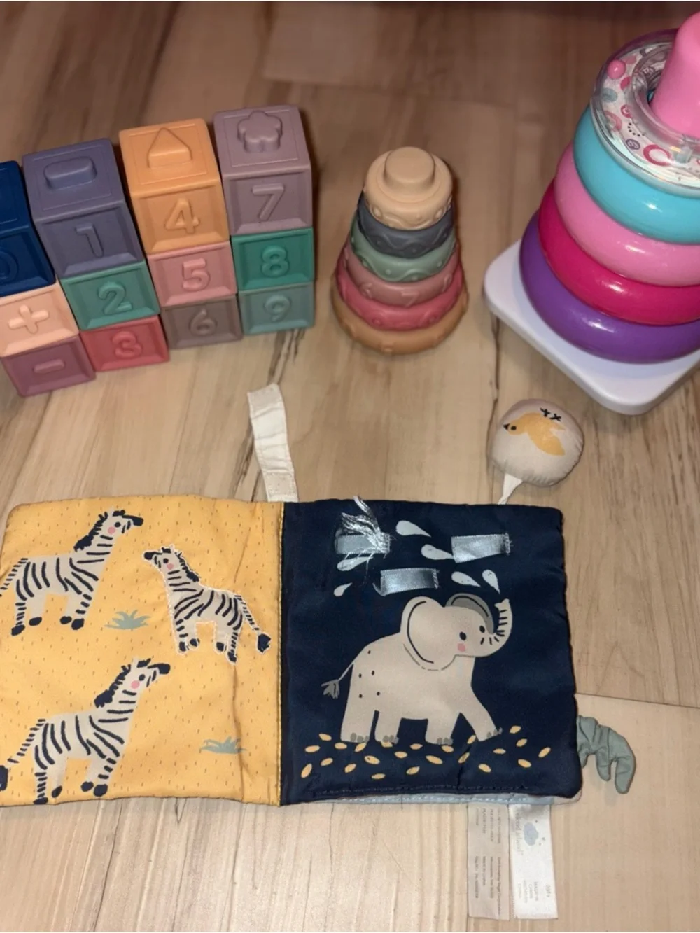 Baby Learning Toys Bundle -Blocks, Bib-Style Cloth Book, stackable rings